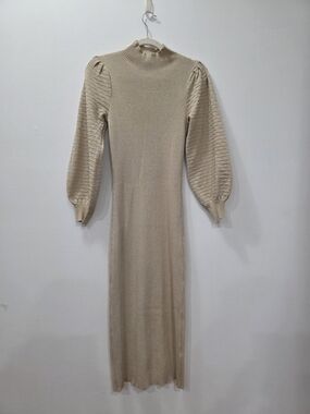 Beige And Gold Ribbed Knit Puff-Sleeve Midi Dress